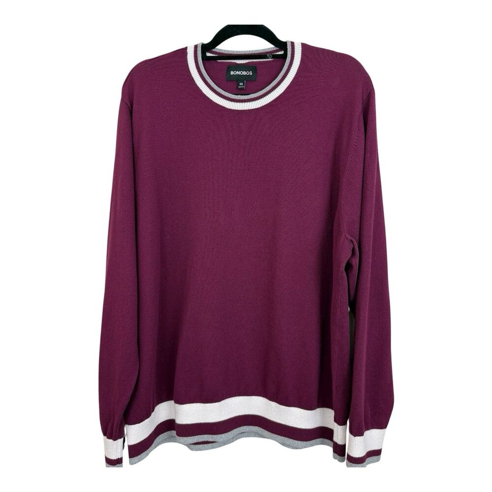 Bonobos Crewneck Pullover Sweater Mens Sz XXL Purple Cotton Blend Stripe Collar